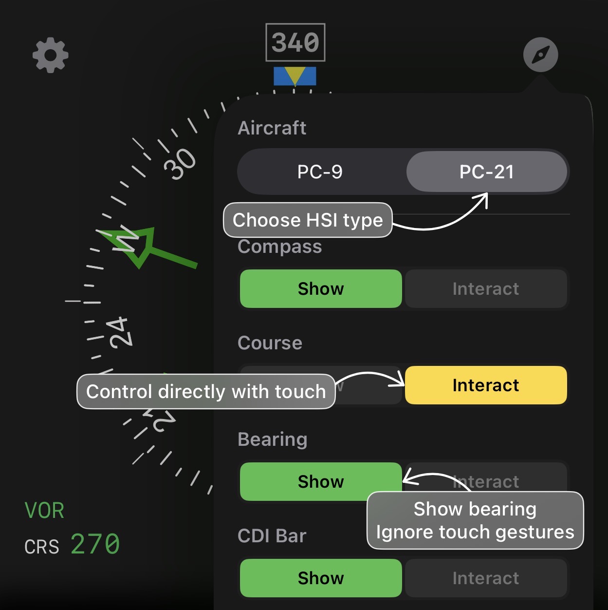 HSI settings panel with instrument interaction options