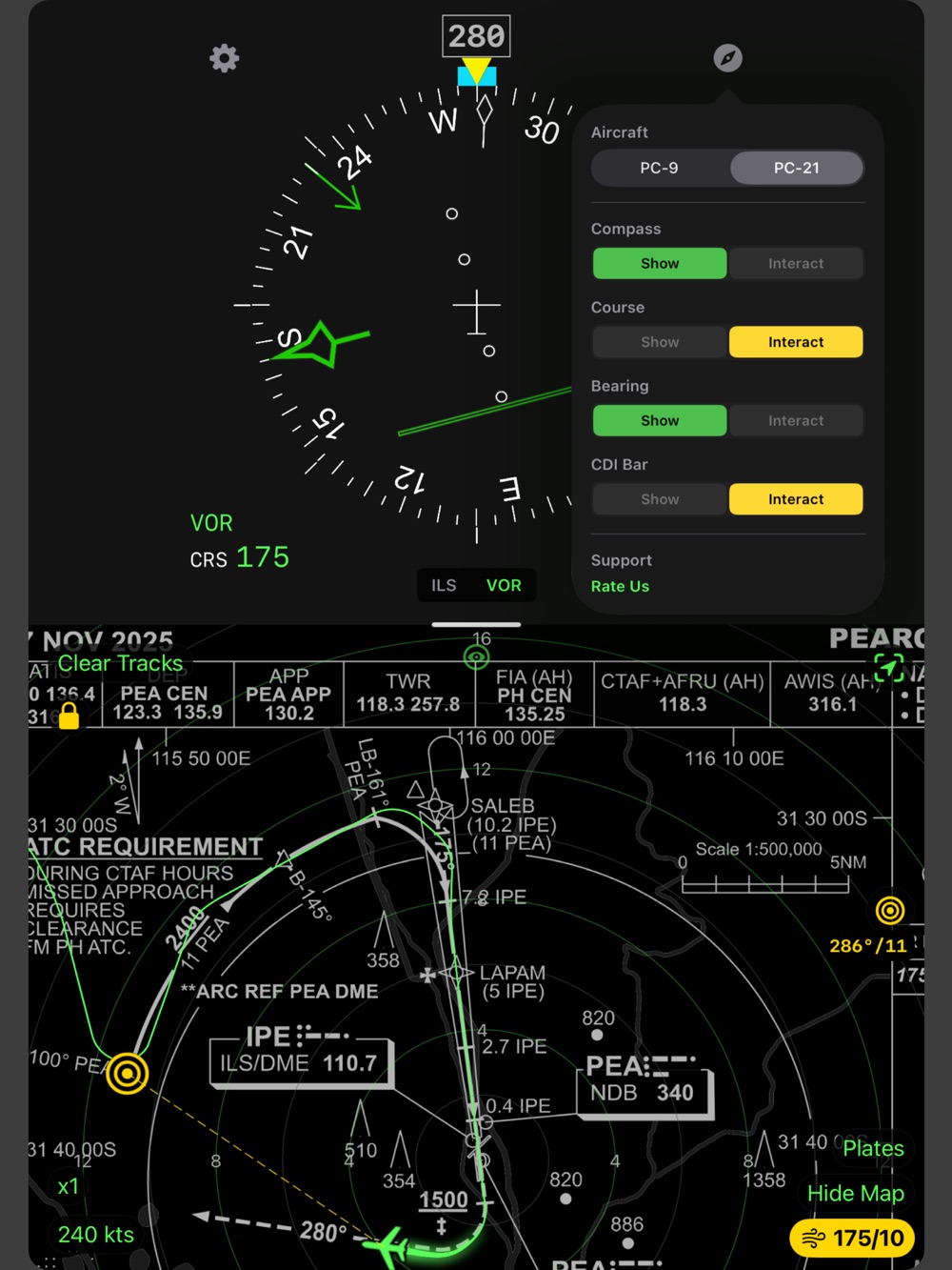 Actual app screenshot of the HSI controls and approach plate